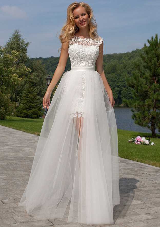 Detachable Lace Sleeveless A-Line Wedding Dress with Bateau Neckline BM bride
