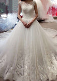 Appliqued Lace A-Line/Princess Wedding Dress with Bateau Neckline, Sleeveless Design, and Cathedral Train in Tulle BM bride
