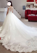 Appliqued Lace A-Line/Princess Wedding Dress with Bateau Neckline, Sleeveless Design, and Cathedral Train in Tulle BM bride