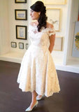 Graceful A-Line/Princess Off-the-Shoulder Tea-Length Lace Wedding Dress BM bride