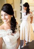 Graceful A-Line/Princess Off-the-Shoulder Tea-Length Lace Wedding Dress BM bride