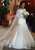 Chic Sheath/Column Off-the-Shoulder Full-Length Wedding Dress with Appliqued Accents and Long Sleeves BM bride