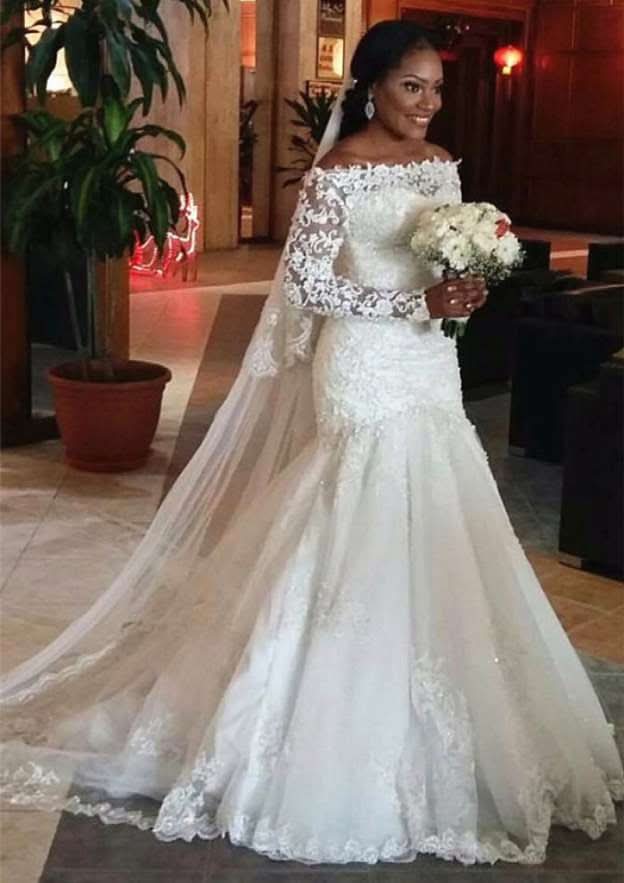 Chic Sheath/Column Off-the-Shoulder Full-Length Wedding Dress with Appliqued Accents and Long Sleeves BM bride