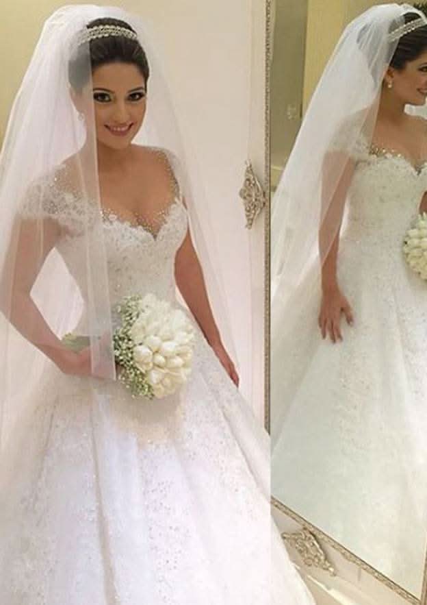 Charming Ball Gown V-Neck Sleeveless Long/Floor-Length Lace Wedding Dress with Beaded Embellishments BM bride