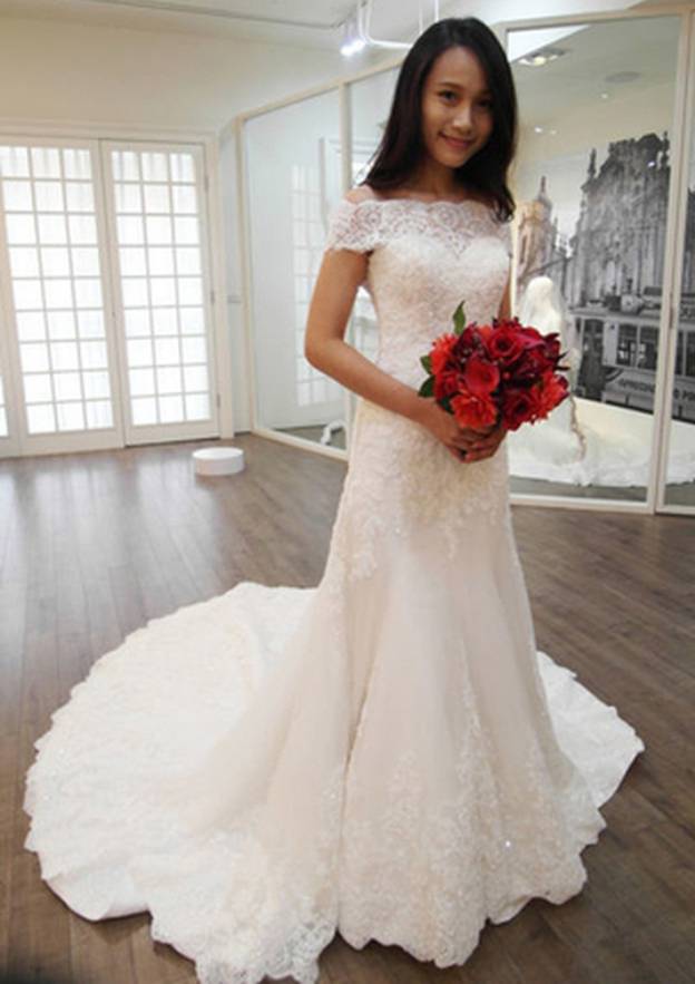 Classic Sheath/Column Off-the-Shoulder Sleeveless Wedding Dress: Chapel Train with Lace and Appliqued Sequins BM bride