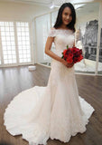 Classic Sheath/Column Off-the-Shoulder Sleeveless Wedding Dress: Chapel Train with Lace and Appliqued Sequins BM bride