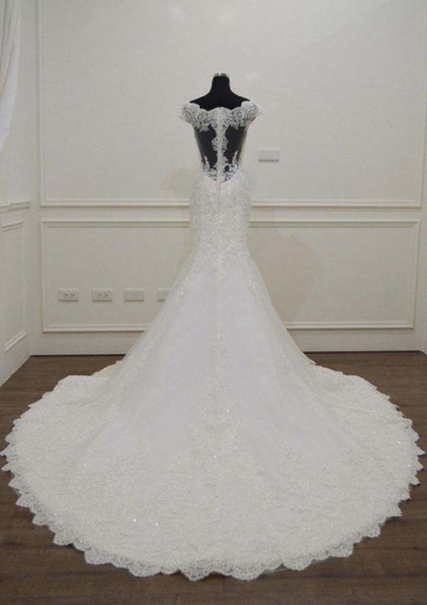 Classic Sheath/Column Off-the-Shoulder Sleeveless Wedding Dress: Chapel Train with Lace and Appliqued Sequins BM bride