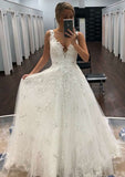 Beautiful A-Line/Princess Sleeveless V-Neck Long Floor-Length Lace Wedding Dress with Appliqued Beading BM bride
