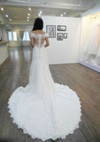 Classic Sheath/Column Off-the-Shoulder Sleeveless Wedding Dress: Chapel Train with Lace and Applique Sequins BM bride