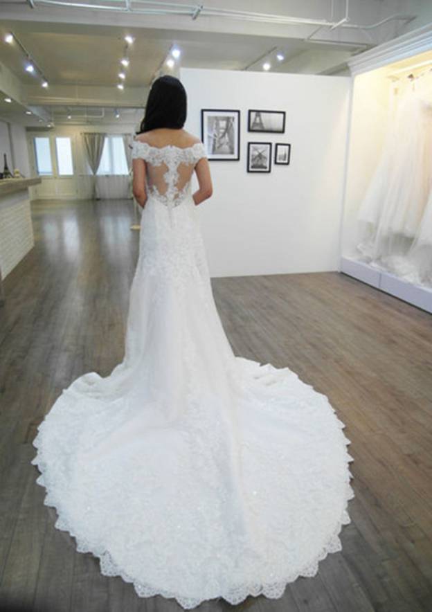 Classic Sheath/Column Off-the-Shoulder Sleeveless Wedding Dress: Chapel Train with Lace and Appliqued Sequins BM bride