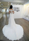 Classic Sheath/Column Off-the-Shoulder Sleeveless Wedding Dress: Chapel Train with Lace and Appliqued Sequins BM bride