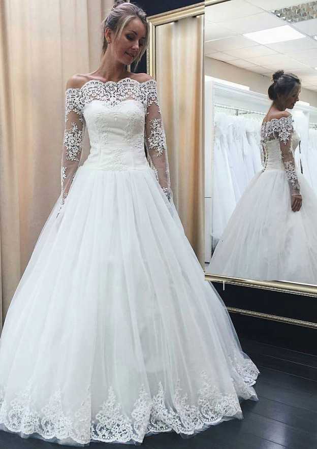 Hem Appliqued Ball Gown with Off-the-Shoulder Full Long Sleeves and Long Floor-Length Tulle BM bride