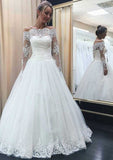 Hem Appliqued Ball Gown with Off-the-Shoulder Full Long Sleeves and Long Floor-Length Tulle BM bride