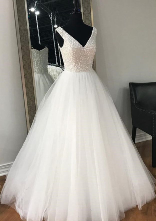 Beaded Appliqued Sleeveless A-Line Wedding Dress with Scoop Neckline and Sweep Train in Tulle BM bride