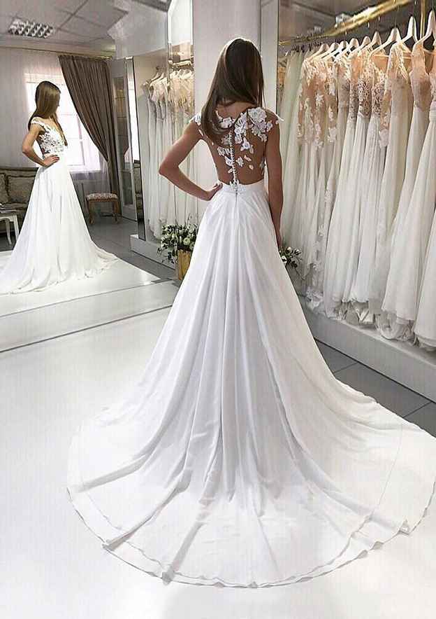 Appliqued Chiffon A-Line Wedding Dress with Bateau Neckline and Court Train BM bride