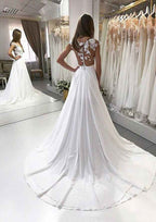 Appliqued Chiffon A-Line Wedding Dress with Bateau Neckline and Court Train BM bride