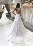 Appliqued Chiffon A-Line Wedding Dress with Bateau Neckline and Court Train BM bride