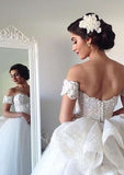 Appliqued Lace Ball Gown with Off-the-Shoulder Short Sleeves and Long Floor-Length Tulle BM bride
