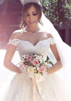 Elegant Ball Gown Off-the-Shoulder Sleeveless Long/Floor-Length Wedding Dress with Intricate Lace Detailing BM bride
