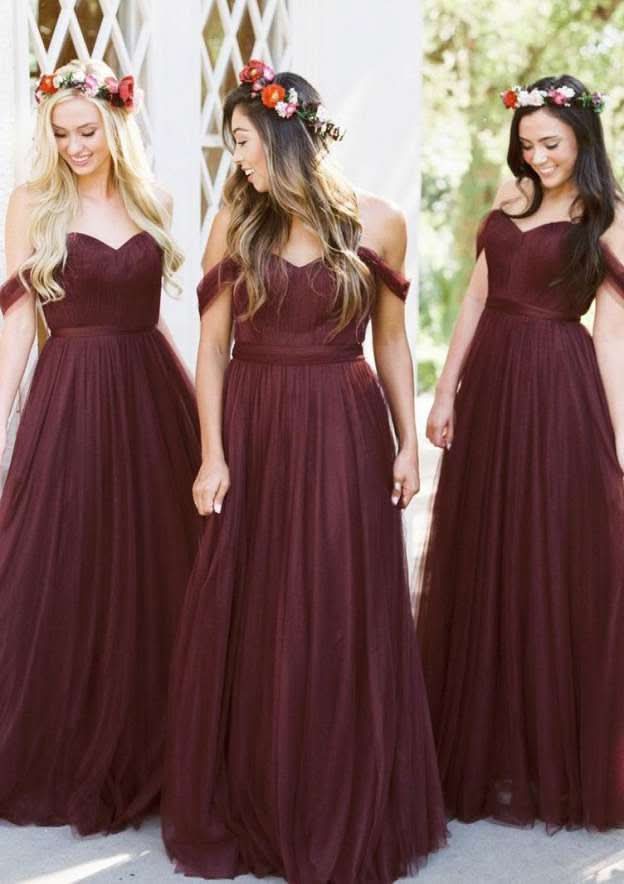 Long/Floor-Length Tulle Bridesmaid Dress, A-Line/Princess Cut, Off-The-Shoulder, Sleeveless, With Pleated BM bride