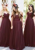 Long/Floor-Length Tulle Bridesmaid Dress, A-Line/Princess Cut, Off-The-Shoulder, Sleeveless, With Pleated BM bride
