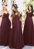 Long/Floor-Length Tulle Bridesmaid Dress, A-Line/Princess Cut, Off-The-Shoulder, Sleeveless, With Pleated BM bride