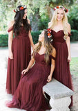 Long/Floor-Length Tulle Bridesmaid Dress, A-Line/Princess Cut, Off-The-Shoulder, Sleeveless, With Pleated BM bride