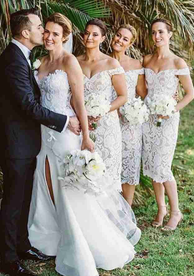 Tea-Length Lace Bridesmaid Dress, Sheath/Column Style, Off-The-Shoulder, Sleeveless, With Split BM bride