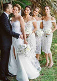 Tea-Length Lace Bridesmaid Dress, Sheath/Column Style, Off-The-Shoulder, Sleeveless, With Split BM bride