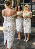 Tea-Length Lace Bridesmaid Dress, Sheath/Column Style, Off-The-Shoulder, Sleeveless, With Split BM bride