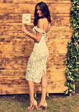 Tea-Length Lace Bridesmaid Dress, Sheath/Column Style, Off-The-Shoulder, Sleeveless, With Split BM bride