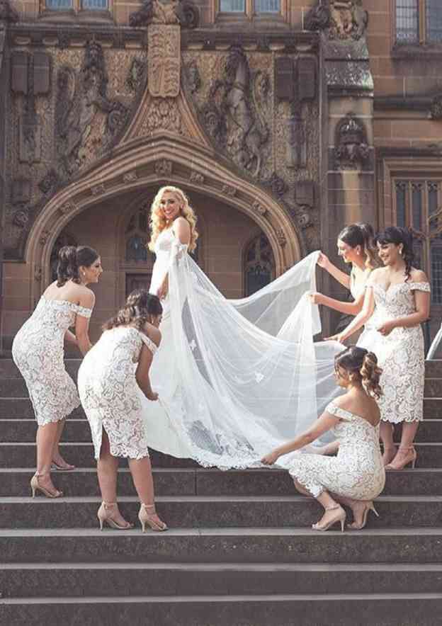 Tea-Length Lace Bridesmaid Dress, Sheath/Column Style, Off-The-Shoulder, Sleeveless, With Split BM bride