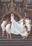 Tea-Length Lace Bridesmaid Dress, Sheath/Column Style, Off-The-Shoulder, Sleeveless, With Split BM bride