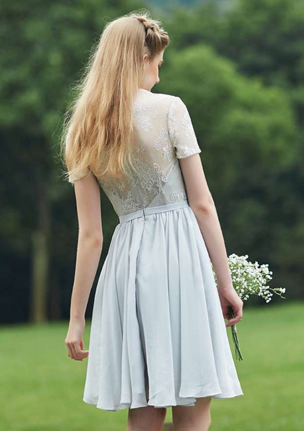 Short/Mini Chiffon Bridesmaid Dress, A-Line/Princess Style, Scalloped Neck, Short Sleeve, With Lace BM bride