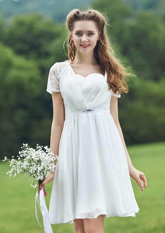 Short/Mini Chiffon Bridesmaid Dress, A-Line/Princess Style, Scalloped Neck, Short Sleeve, With Lace BM bride