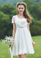 Short/Mini Chiffon Bridesmaid Dress, A-Line/Princess Style, Scalloped Neck, Short Sleeve, With Lace BM bride