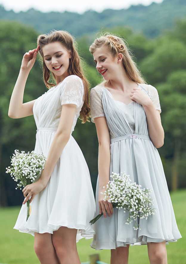 Short/Mini Chiffon Bridesmaid Dress, A-Line/Princess Style, Scalloped Neck, Short Sleeve, With Lace BM bride