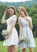 Short/Mini Chiffon Bridesmaid Dress, A-Line/Princess Style, Scalloped Neck, Short Sleeve, With Lace BM bride