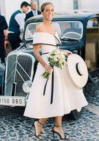 Tea-Length Satin Bridesmaid Dress, A-Line/Princess Cut, Off-The-Shoulder, Sleeveless, With Low Back BM bride