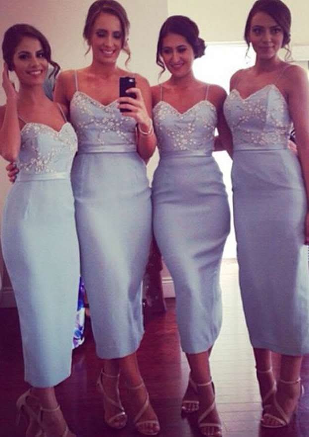 Tea-Length Elastic Satin Bridesmaid Dress, Sheath/Column Style, V-Neck, Sleeveless, With Appliqued BM bride