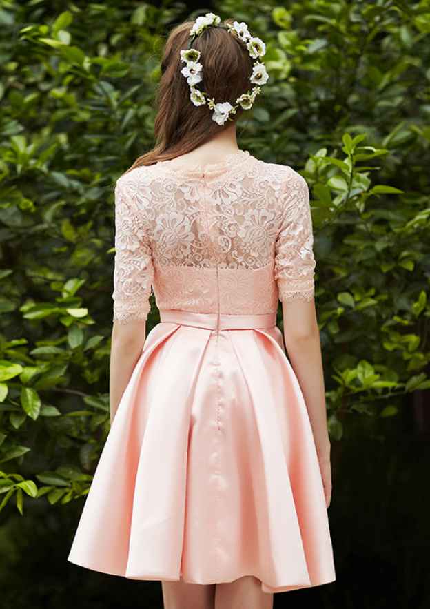 Short/Mini Satin Bridesmaid Dress, A-Line/Princess Cut, Bateau Neck, Short Sleeve, With Waistband And Pleats BM bride