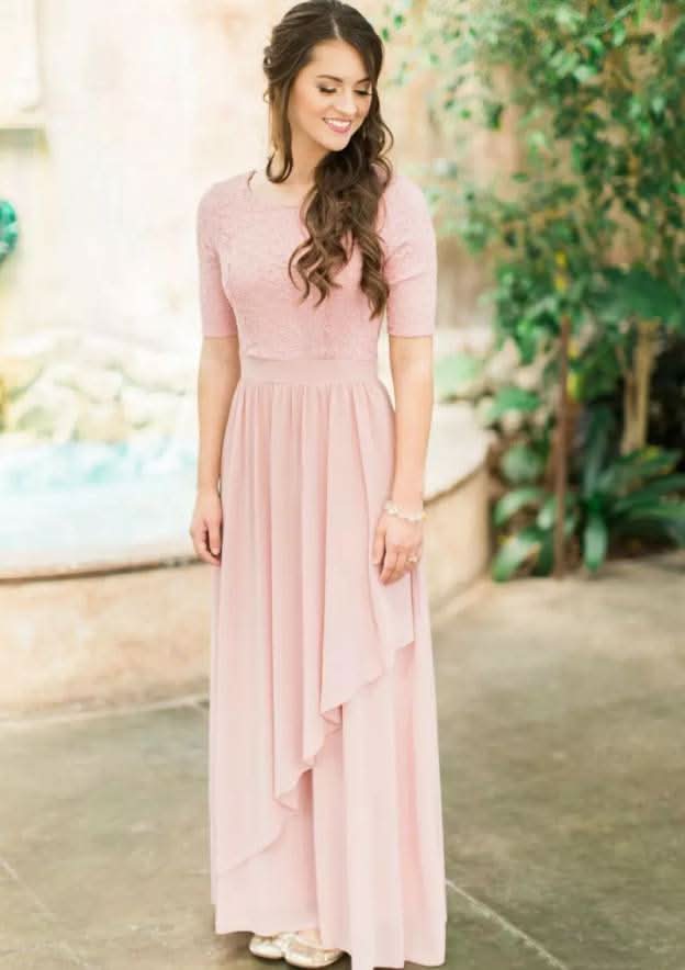 Ankle-Length Chiffon Bridesmaid Dress, A-Line/Princess Cut, Scoop Neck, Short Sleeve, With Pleated Lace BM bride