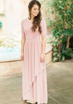 Ankle-Length Chiffon Bridesmaid Dress, A-Line/Princess Cut, Scoop Neck, Short Sleeve, With Pleated Lace BM bride