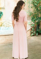 Ankle-Length Chiffon Bridesmaid Dress, A-Line/Princess Cut, Scoop Neck, Short Sleeve, With Pleated Lace BM bride