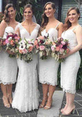 Tea-Length Lace Bridesmaid Dress, Sheath/Column Style, Sweetheart Neck, Sleeveless BM bride