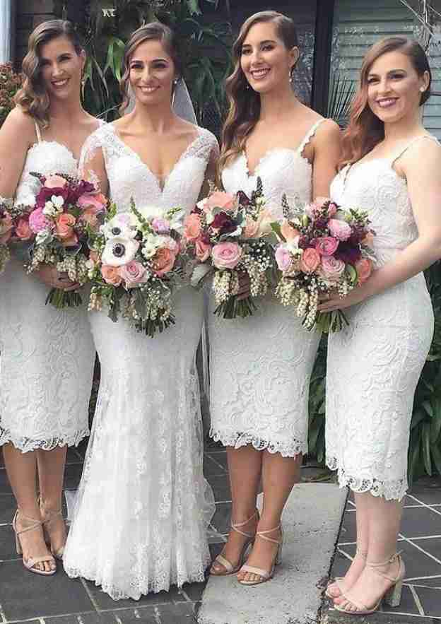 Tea-Length Lace Bridesmaid Dress, Sheath/Column Style, Sweetheart Neck, Sleeveless BM bride