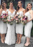 Tea-Length Lace Bridesmaid Dress, Sheath/Column Style, Sweetheart Neck, Sleeveless BM bride