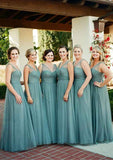 Floor-Length Tulle Bridesmaid Dress, A-Line/Princess Cut, V-Neck, Sleeveless, With Pleats BM bride