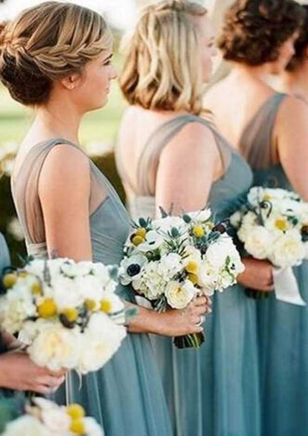 Floor-Length Tulle Bridesmaid Dress, A-Line/Princess Cut, V-Neck, Sleeveless, With Pleats BM bride