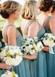 Floor-Length Tulle Bridesmaid Dress, A-Line/Princess Cut, V-Neck, Sleeveless, With Pleats BM bride
